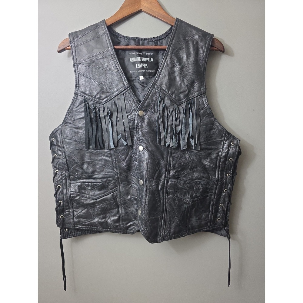 Navarre Leather Vest Genuine Buffalo Italian Stone Design w/fringe XL Read Descr